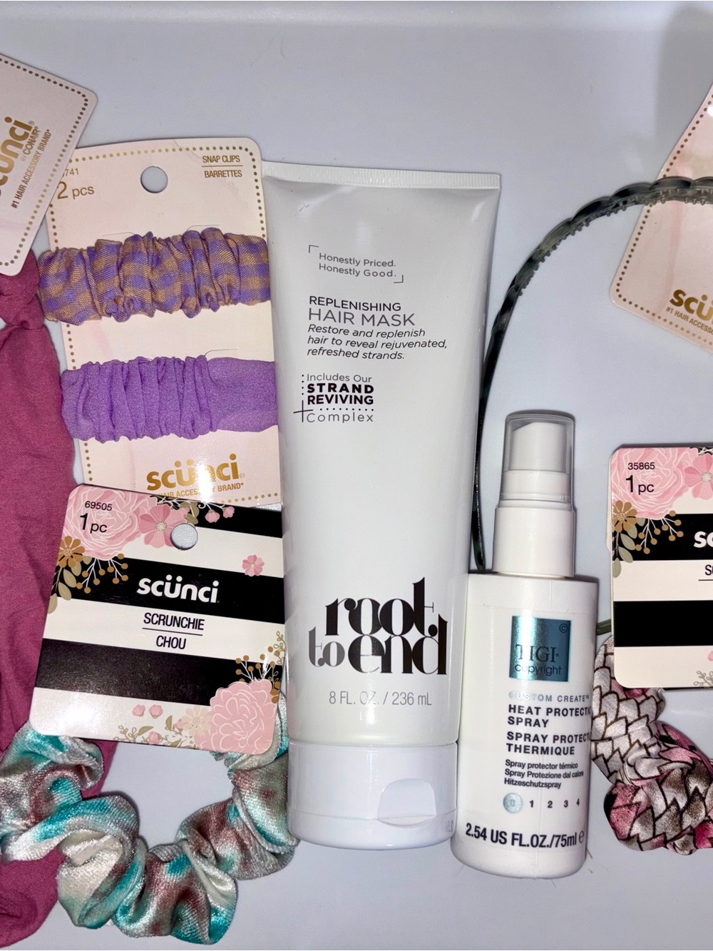 8 PC Hair Bundle: Root To End Replenishing Hair Mask, Tigi Heat spray & 6 Scunci